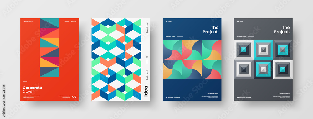 Obraz premium Company identity brochure template collection. Business presentation vector A4 vertical orientation front page mock up set. Corporate report cover abstract geometric illustration design layout bundle.