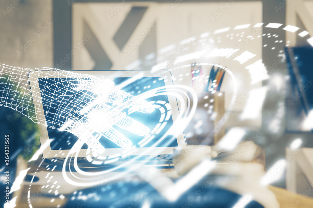 Double exposure of desktop with personal computer on background and tech theme drawing. Concept of data analysis. Double exposure of desktop with personal computer on background and tech theme drawing. Concept of data analysis.