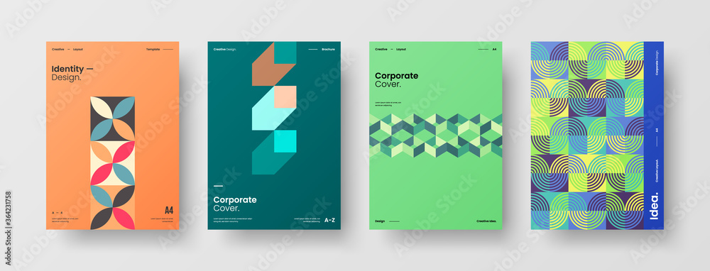 Company identity brochure template collection. Business presentation vector A4 vertical orientation front page mock up set. Corporate report cover abstract geometric illustration design layout bundle.