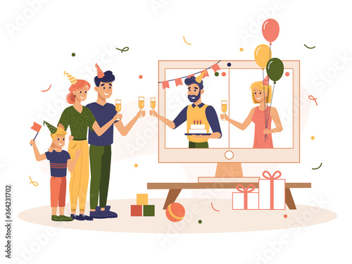 Online quarantine birthday party with family . Cartoon adult and children celebrating holiday using internet call. Virtual communication and celebrating. Video chat flat vector illustration design