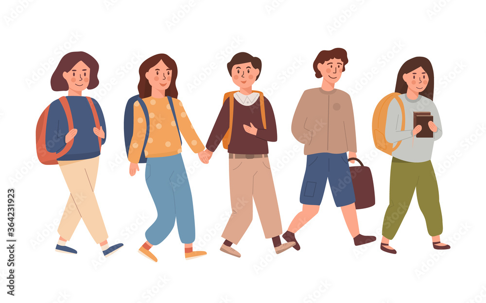 Obraz premium Children or pupil isolated on white background going to elementary or middle school. Happy school boys and girls or teenagers classmates or friends walking together. Illustration in flat cartoon style