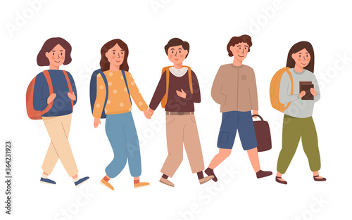 Children or pupil isolated on white background going to elementary or middle school. Happy school boys and girls or teenagers classmates or friends walking together. Illustration in flat cartoon style