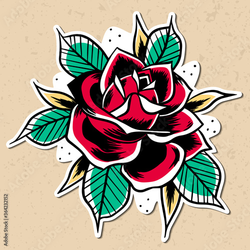 Old School red Rose sticker ready to print. Vintage traditional art. Simbol of love. Barbershop or tattoo studio advertising merch. Stock vector illustration isolated on white background.