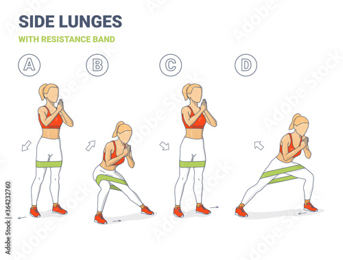 Side Lunges with Resistance Band Girl Silhouettes. Lateral Lunges with mini-band home workout illustration a young woman in sportswear top, leggings, and sneakers does the sport exercise sequentially