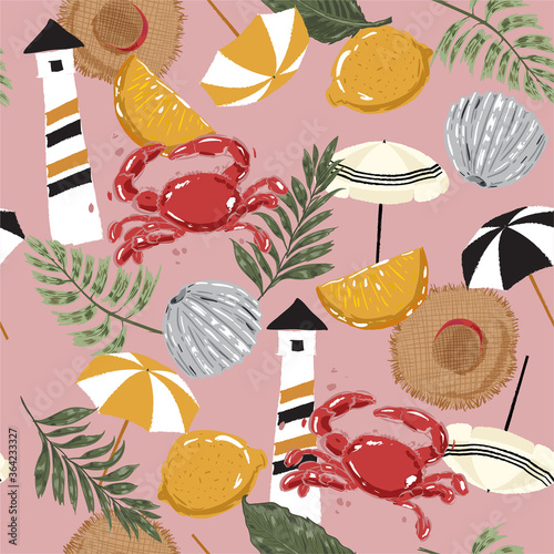 Beautiful seamless pattern hand drawn summer beach element , lighthouse,palm leaf, lemon,hat, umbrella, crab ,and shell illustration ,Design for fashion ,fabric,web,wallapper,wrapping ,textile