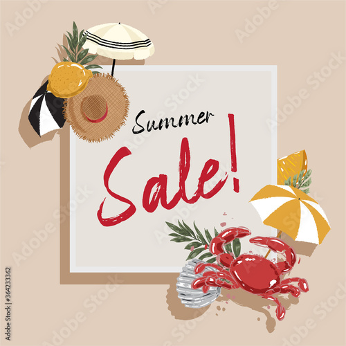 Hand drawn Summer sale banner beach element accessories  with tropical leaves for promotion of cosmetic, fashion, accessorize etc.