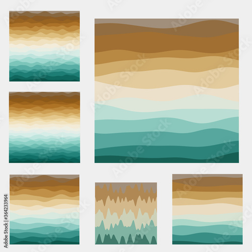 Abstract waves background collection. Curves in brown blue green colors. Modern vector illustration.