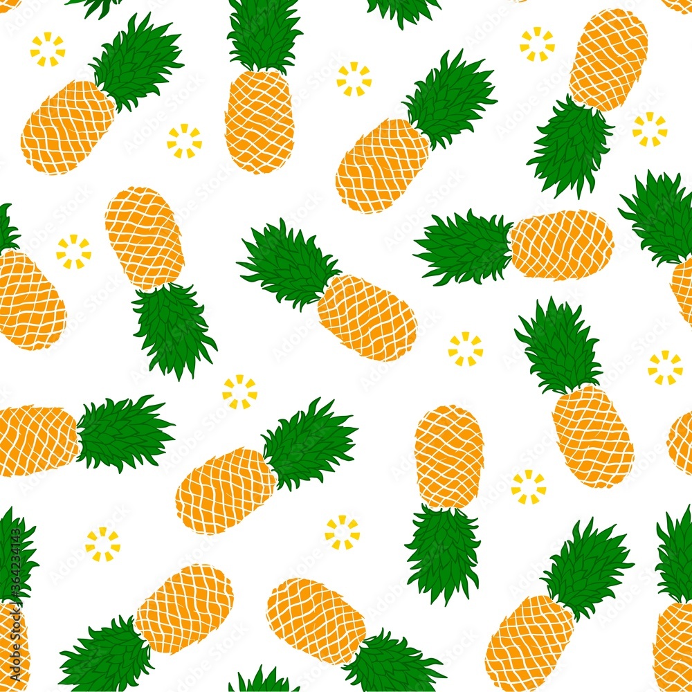 yellow orange pineapple on white background seamless pattern hand drawn cartoon style for wallpaper, banner, label, cover, card, texture etc. vector design. yellow orange pineapple on white background seamless pattern hand drawn cartoon style for wallpaper, banner, label, cover, card, texture etc. vector design.