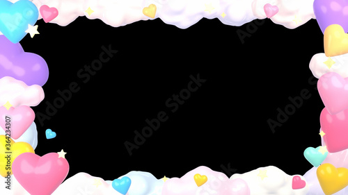 Fototapeta Naklejka Na Ścianę i Meble -  Sweet heart shape candy, white marshmallow fluffy clouds, and stars on a black background frame. 3d rendering picture.