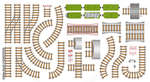 Vector set. Railroad and railway tracks construction elements. Top view. Rails, tunnels, bridges, wagons and elements. View from above.