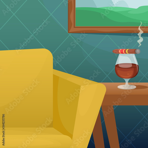 Vector illustration of a cozy room with a comfortable upholstered chair, a picture on the wall and a glass of cognac on the table.