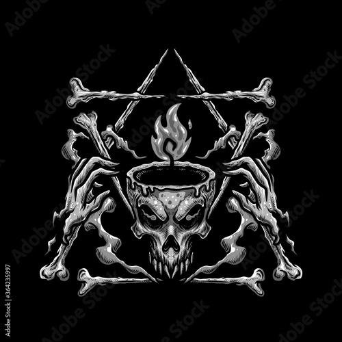 Vector illustration of Awesome Fire Head Skull with a Smile, horn, bone and Triangle on the Black Background. Hand-drawn illustration for mascot esport logo poster t-shirt printing. Vector Logo