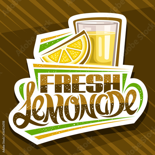Vector logo for Fresh Lemonade, decorative cut paper sign with illustration of lemon slice and lemonade in glass, fruit concept with unique lettering for words fresh lemonade on abstract background.