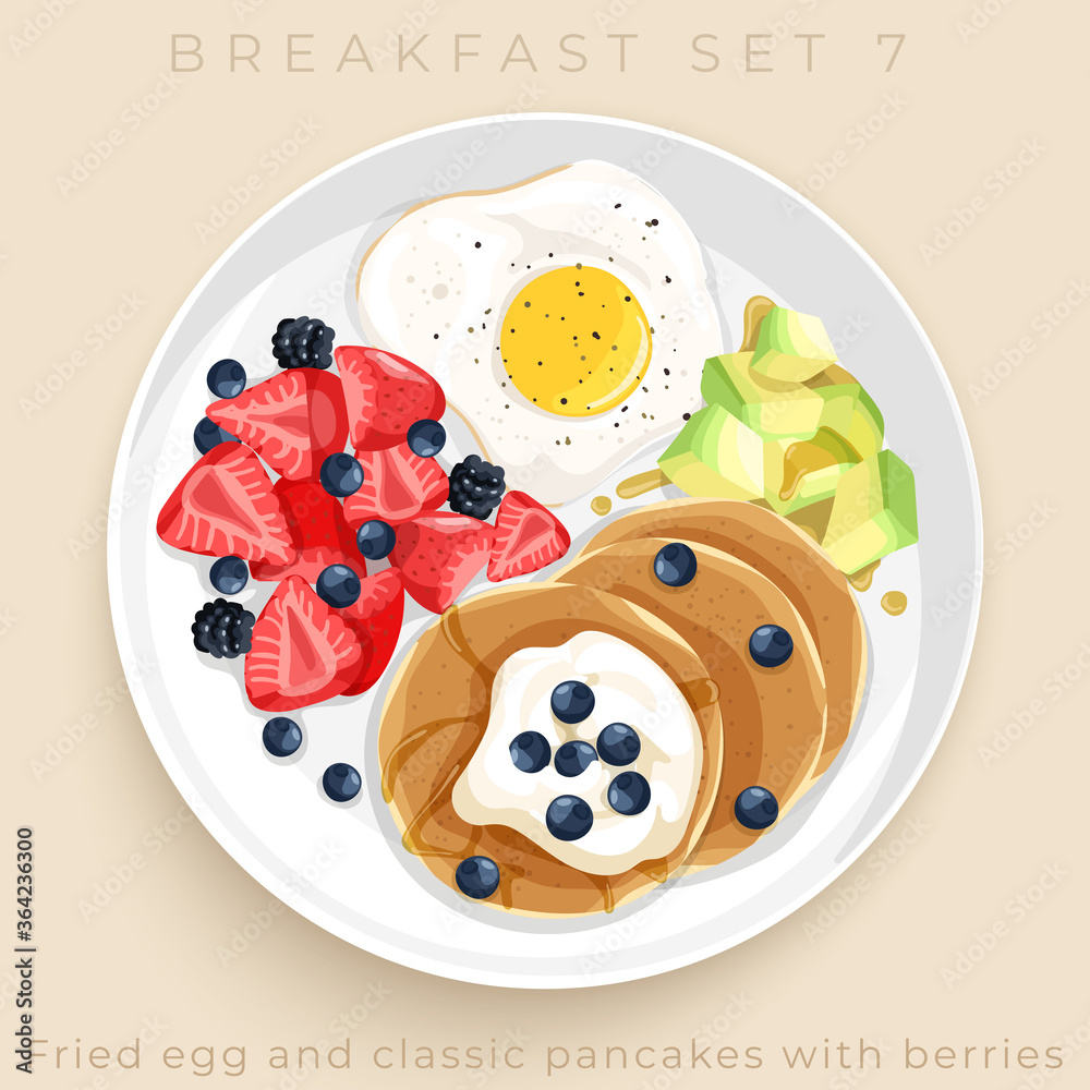 Top view of delicious breakfast set isolated on beige background : Vector Illustration