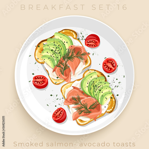 Top view of delicious breakfast set isolated on beige background : Vector Illustration