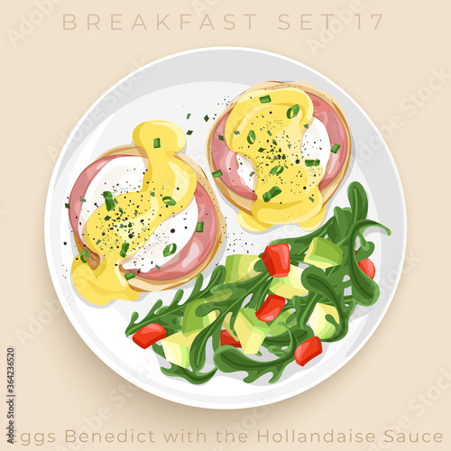 Top view of delicious breakfast set isolated on beige background : Vector Illustration