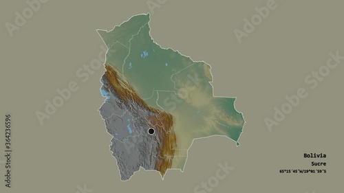 Pando, department of Bolivia, with its capital, localized, outlined and zoomed with informative overlays on a relief map in the Stereographic projection. Animation 3D photo