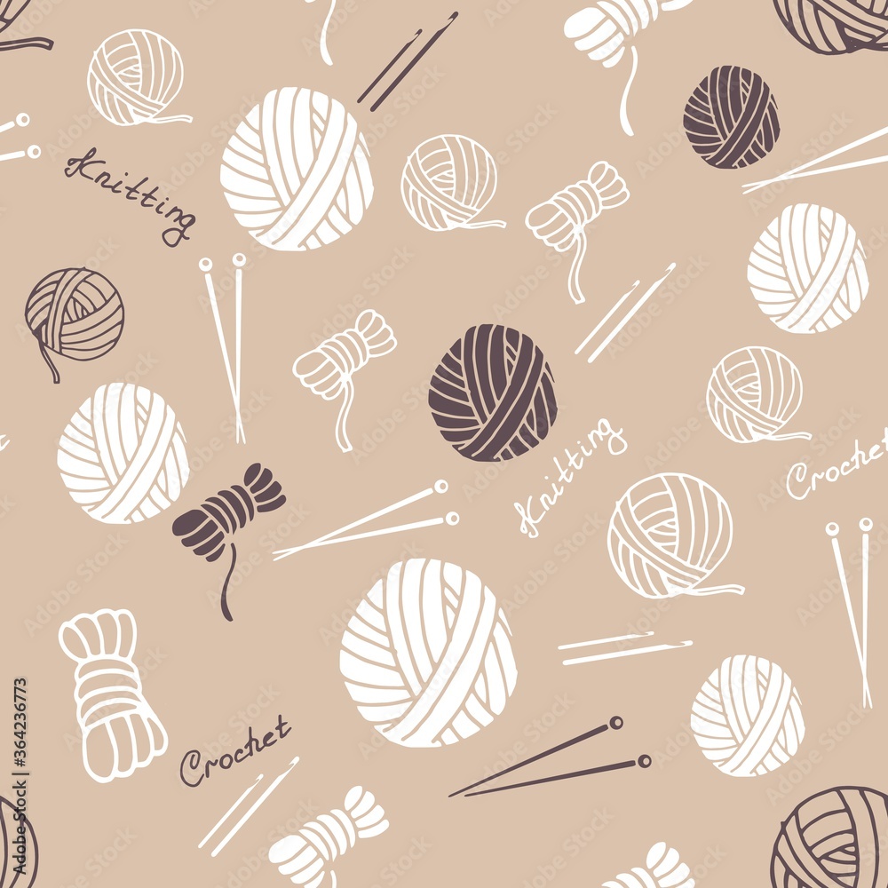 Seamless pattern with balls of thread and yarn, knitting needles ,crochet hooks, inscriptions. Endless texture of white and brown elements and lettering on a beige gray background. For knit project Seamless pattern with balls of thread and yarn, knitting needles ,crochet hooks, inscriptions. Endless texture of white and brown elements and lettering on a beige gray background. For knit project