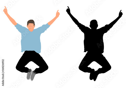 Happy jumping man, colorful and black silhouette. Vector illustration