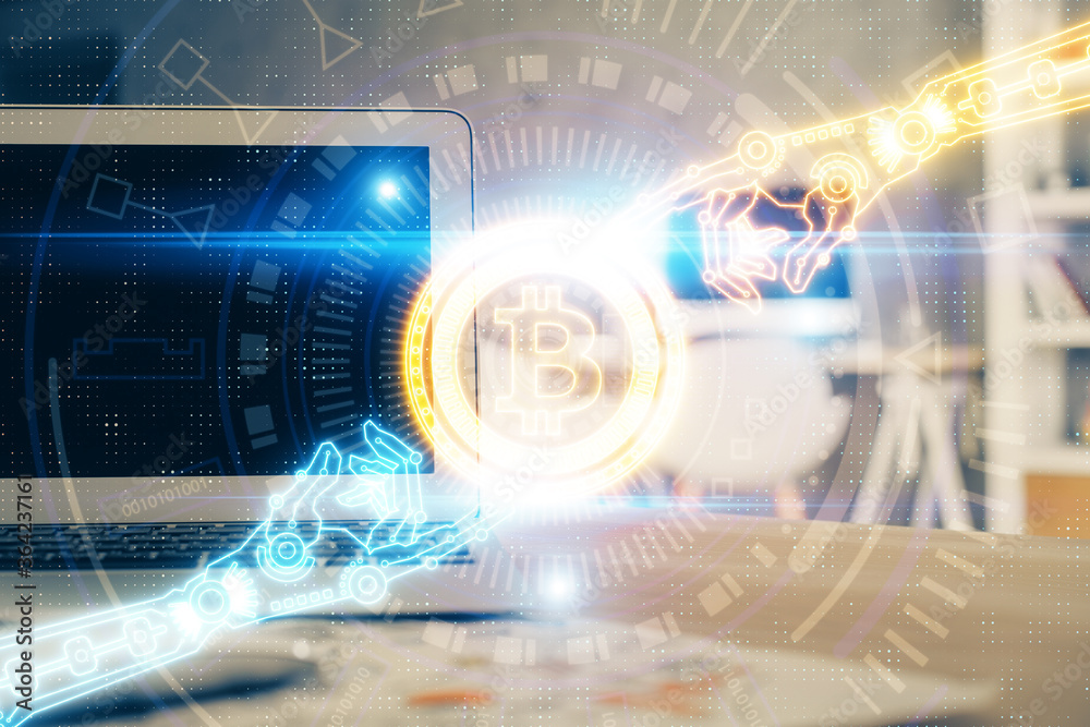 Multi exposure of blockchain theme hologram and table with computer background. Concept of bitcoin crypto currency. Multi exposure of blockchain theme hologram and table with computer background. Concept of bitcoin crypto currency.