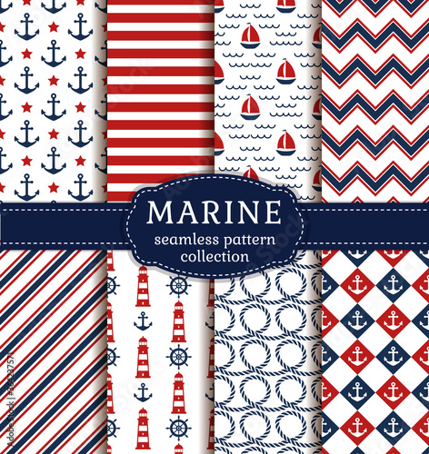 Set of sea and nautical backgrounds in white, blue and red colors. Sea theme. Seamless patterns collection. Vector illustration.