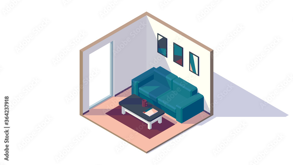 isometric low poly living room interior, couch, picture, window, coffee table, vector illustration isometric low poly living room interior, couch, picture, window, coffee table, vector illustration