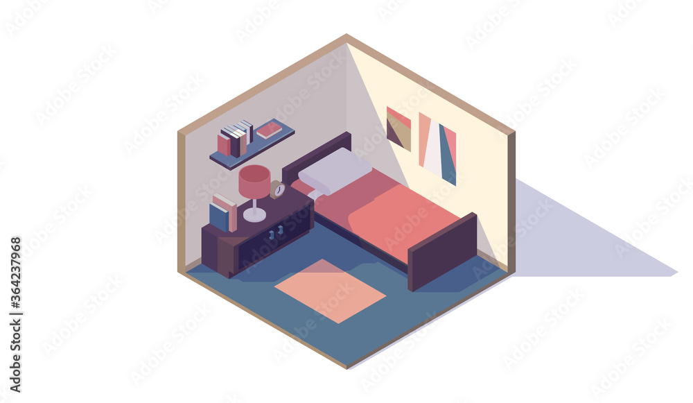isometric low poly bedroom interior, bed, nightstand, locker, lamp, bookshelf, picture, vector illustration