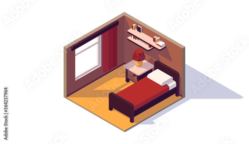 isometric low poly bedroom interior, bed, window, curtain, bookshelf, nightstand, lamp, vector illustration