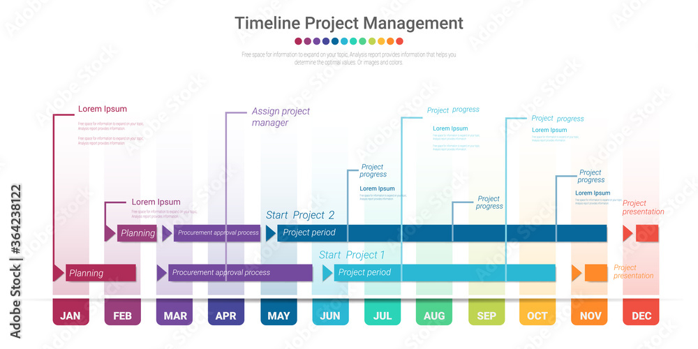 Project timeline graph for 12 months, 1 year, All month planner design and Presentation business project.