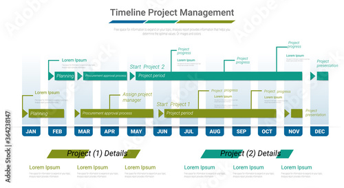 Project timeline graph for 12 months, 1 year, All month planner design and Presentation business project. photo