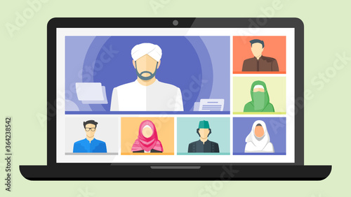 Islamic College Education or Study Online Virtual Meetings by Scholar or Professor. Arab Middle East Muslim Teleconference TV Video Conference School Webinars or Remote Working Web Cloud Service