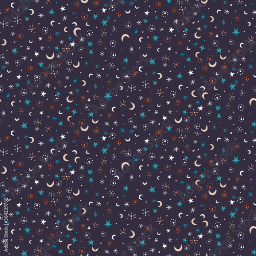 Stars and moons seamless vector pattern. Night sky surface print design. Great for bedroom fabrics, cosmic stationery, scrapbook paper, packaging, chidish gift wrap, textile, and halloween home decor.