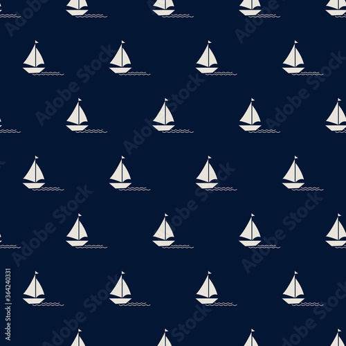 simple dark blue background with white boat sailing and wavy lines seamless pattern for background, wallpaper, texture, textile, card, banner, label etc, summer theme. vector design.
