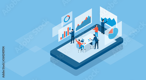 Isometric business team working online concept and business finance investment team analysis graph dashboard concept