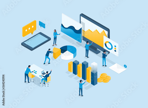 Isometric business finance investment team analysis report graph on monitor dashboard concept and business team working concept