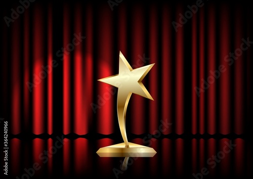 Star award on trophy realistic 3D illustration. Winner prize on red curtain backdrop.