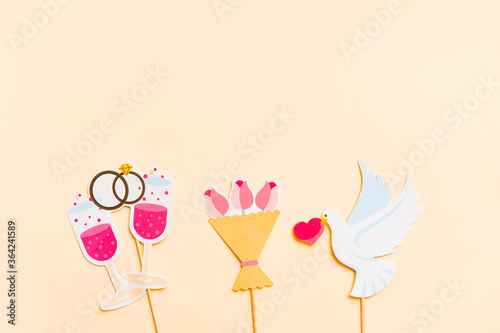 Photo booth props isolated on pink background. Top view. Funny invitation