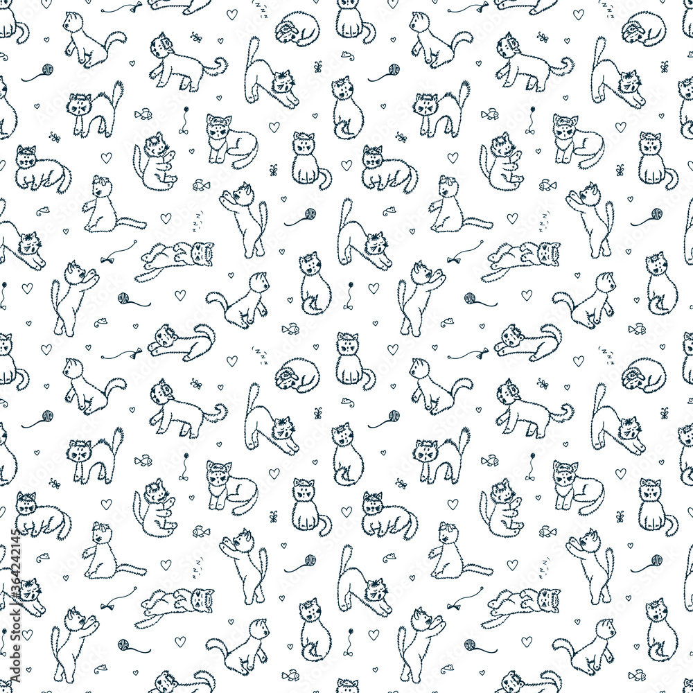 Cats Vector Seamless pattern. Hand Drawn Doodle fluffy Kittens
