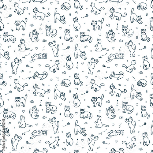 Cats Vector Seamless pattern. Hand Drawn Doodle fluffy Kittens 