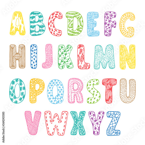 Vector ABC. Hand drawn cartoon doodle ornamental Alphabet. Colorful letters for kids. 