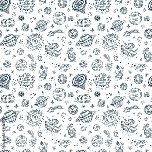 Space. Vector Seamless pattern. Hand drawn Space doodle: Planets and stars 