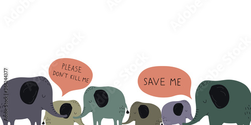 Poaching and animal abuse concept. Vertical web banner with Elephants. Killing animals concept flat vector design