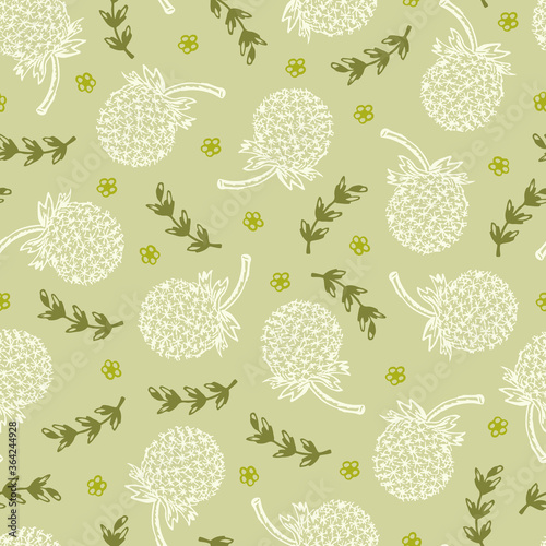 Dandelions. Floral seamless pattern. Hand Drawn Doodles Flowers. Green floral background.