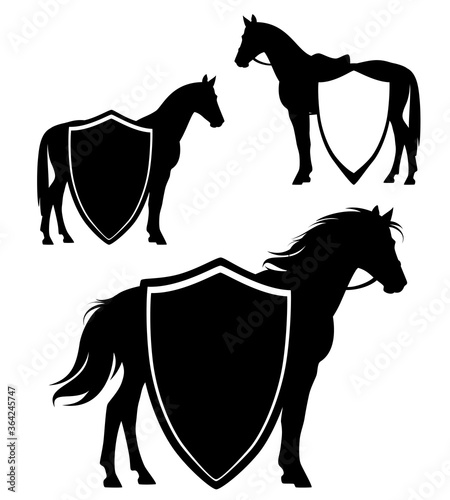 standing horse side view silhouette and blank heraldic shield black and white vector design set