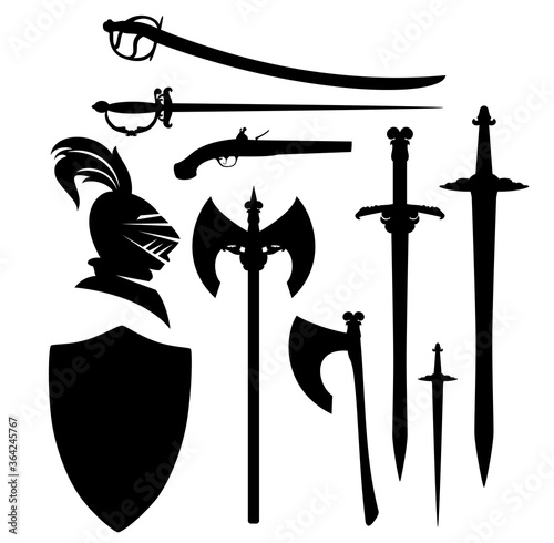 antique sword, blades and weapon black and white vector silhouette set - medieval heraldic design collection with shield and knight head