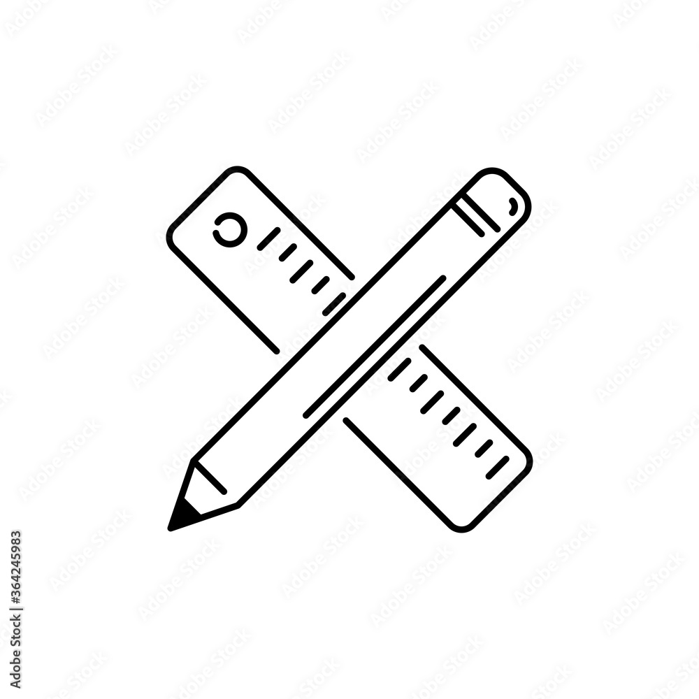Concepto material de dibujo. Icono plano lineal regla y lapiz cruzados en color negro Concepto material de dibujo. Icono plano lineal regla y lapiz cruzados en color negro