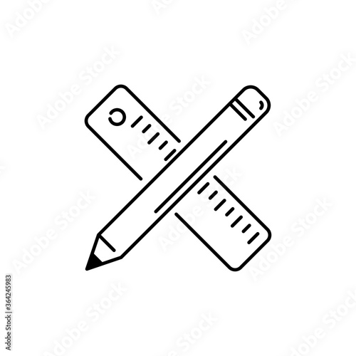 Concepto material de dibujo. Icono plano lineal regla y lapiz cruzados en color negro