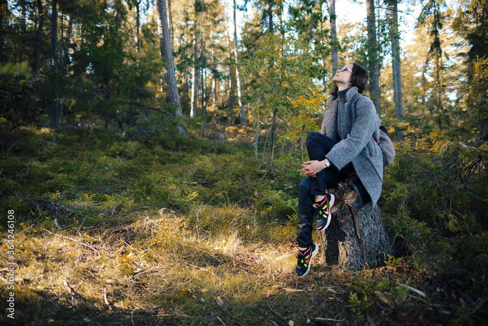 beautiful woman in glasses and autumn coat sits on a tree in the forest beautiful woman in glasses and autumn coat sits on a tree in the forest