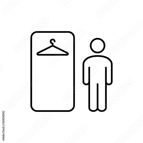 Concepto guardarropa. Icono plano lineal armario con percha y silueta de hombre en color negro