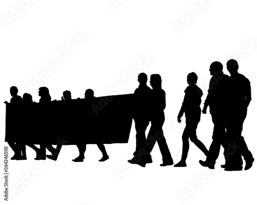 People whit flaf and banner on street. Isolated silhouettes of people on a white background